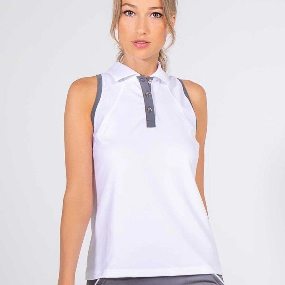 NEW INPHORM Riley Sleeveless Polo Golf Shirt LARGE White Gray